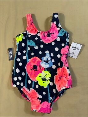 OshKosh B'gosh NWT Navy Blue Polka Dot Neon Floral One Piece Swimsuit Girls 18M